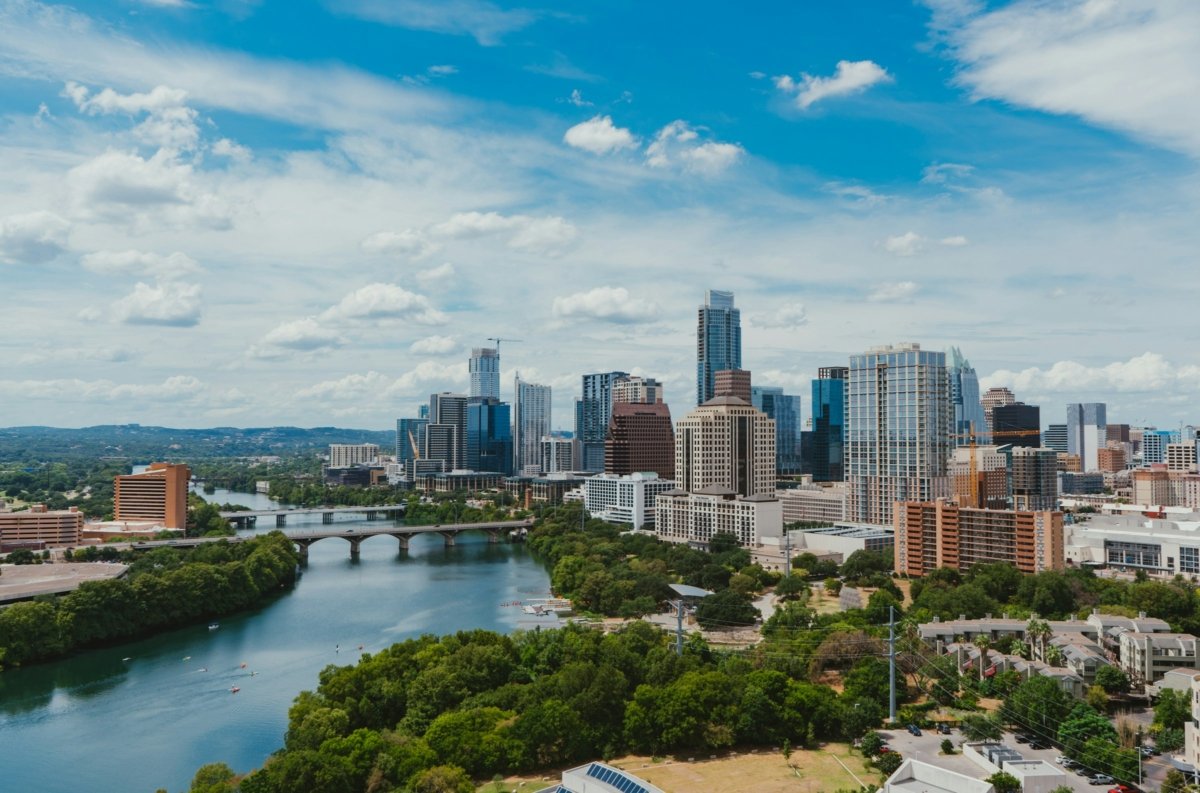 Downtown Austin, Texas skyline along Lady Bird Lake at sunset